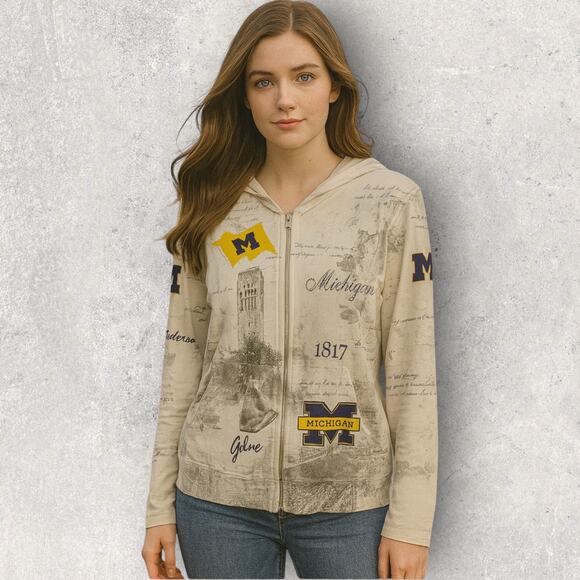 Univ of Michigan Zip Hoodie Women’s Size M Cream Graphic Go Blue Wolverines - Picture 1 of 8